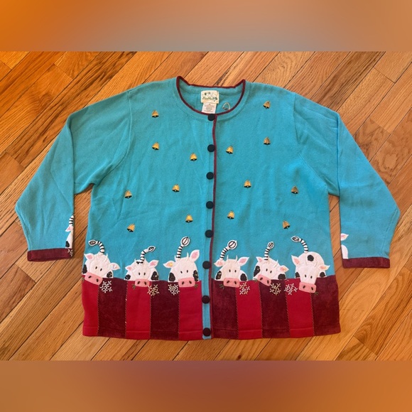 Quacker Factory Sweaters - Quacker Factory Cows Button Cardigan Sweater Blue/Red Women’s Size 2X